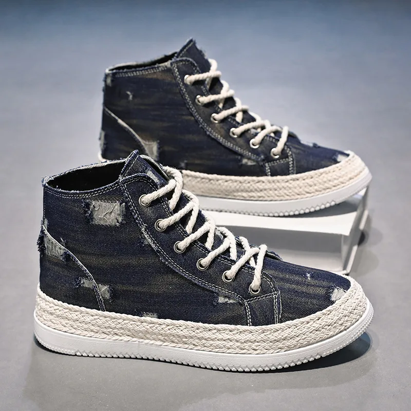 

Men High Top Shoes Fashion Denim Casual Shoes for Men Comfortable Lace-Up Walking Sneakers Versatile Platform Men Boots 2025 New