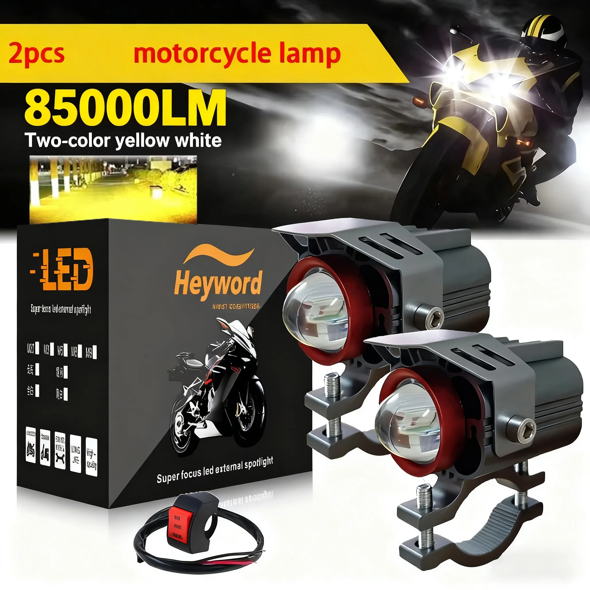 Heyword 190W 85000LM Faro Delantero para Motocicleta, Luces Antiniebla LED, Luz Auxiliar de Conducción, Foco, Faro Delantero de Doble Color, Lámpara Antiniebla para Moto