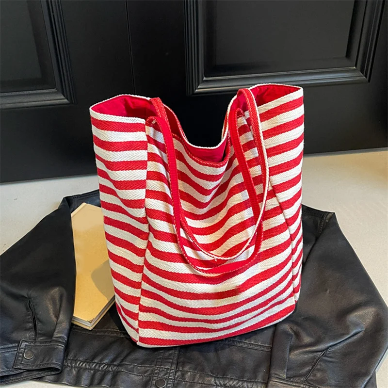 Red Striped Canvas Shoulder Bag Handbag Korean Style Travel Beach Bag Double-sided Shopping Tote Bags Girl Underarm Bag