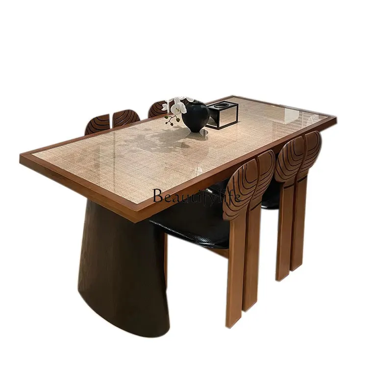 

French Vintage Solid Wood Dining Table Rectangular Retro Black Rattan Surface Glass Workbench