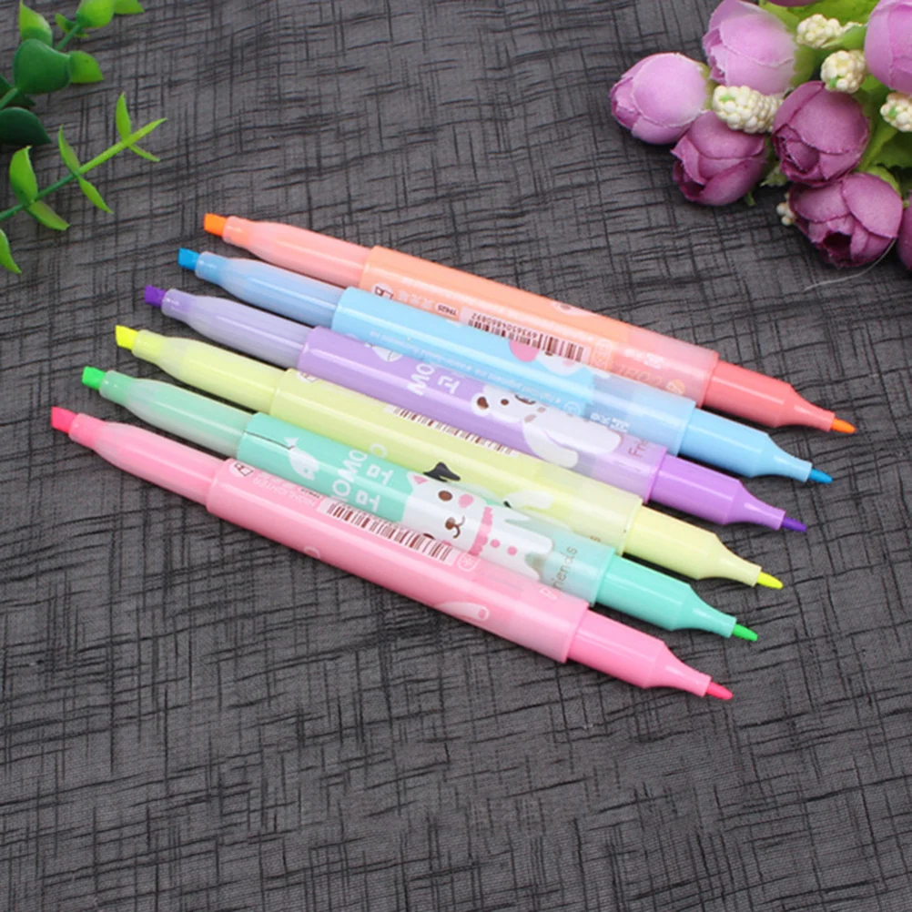 

6Pcs Double-End Fluorescent Highlighter Marker Pen Cartoon Design Smooth Writing for School Office Kids Marker Pen