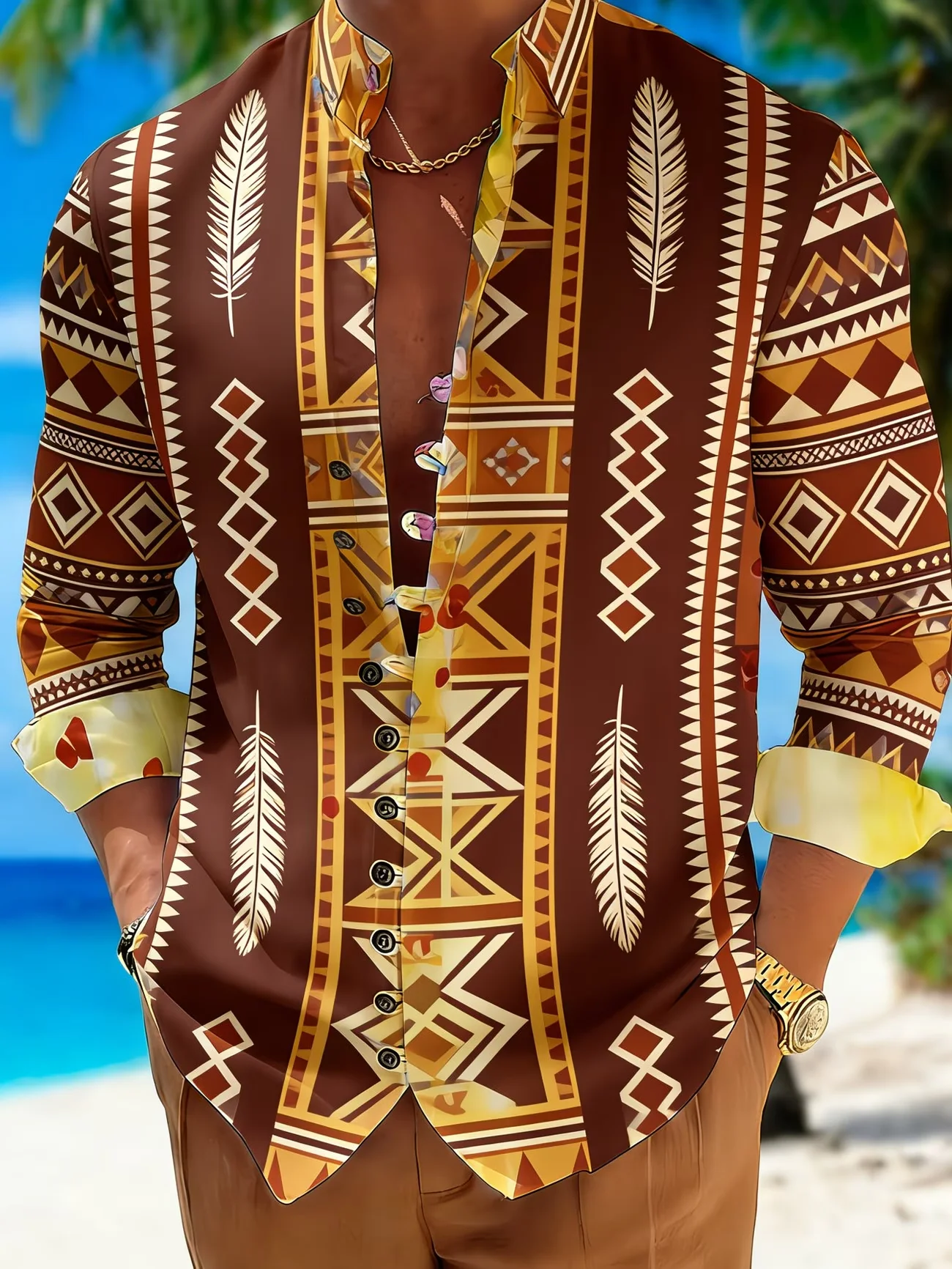 

New brown gold African ethnic style 3D printed men's long sleeved shirt with collar and vacation shirt clothing