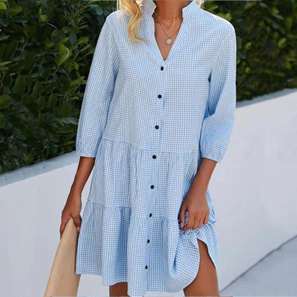 

Elegant Women's Blue Plaid Print Midi Dress Summer 3/4 Sleeve Casual Checkered V Neck Shirt Ruffles Dress Vestidos Verano Robe