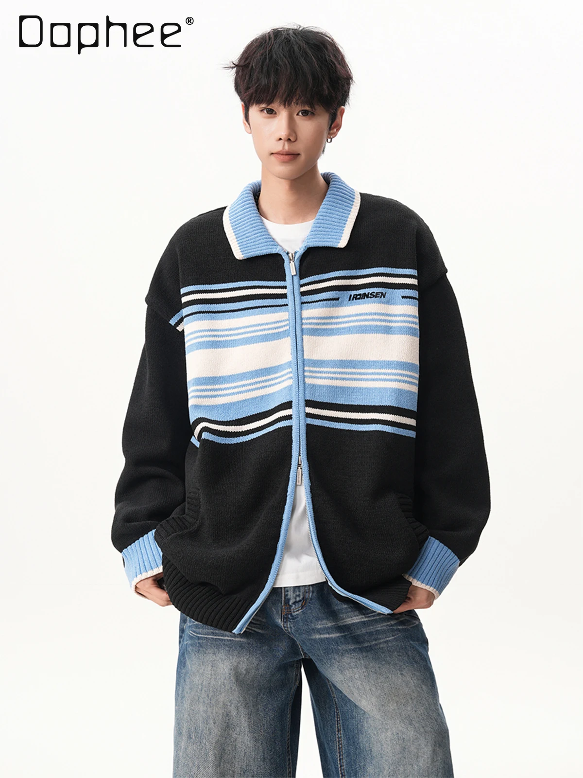 

Осень-зима 2022, новый абрикосовый полосатый кардиган, свитер, мужской отложной воротник, черный цветной блок, свободный повседневный трикотаж