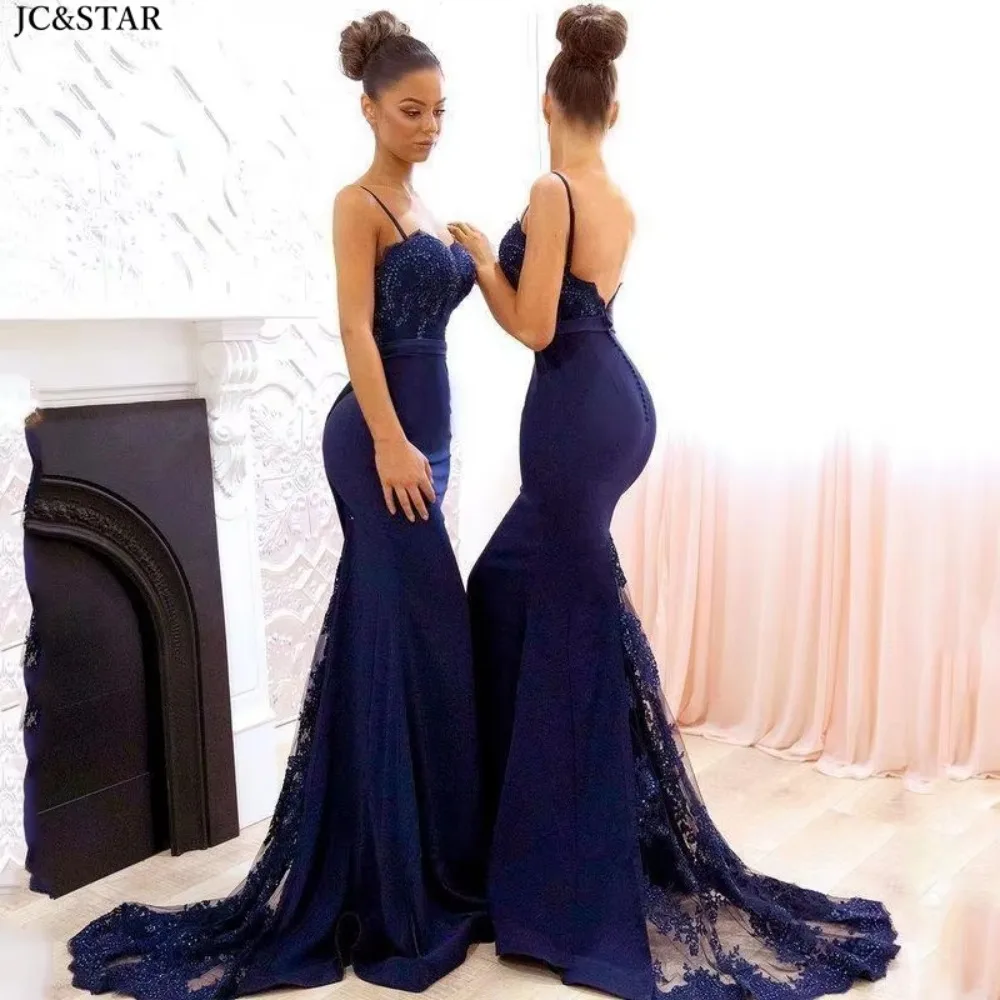 

Navy Blue Sexy Mermaid Robe Mariage Femme New Place Satin Decal Sweetheart Bridesmaid Dress Tail Wedding Party Gown Elegant Robe