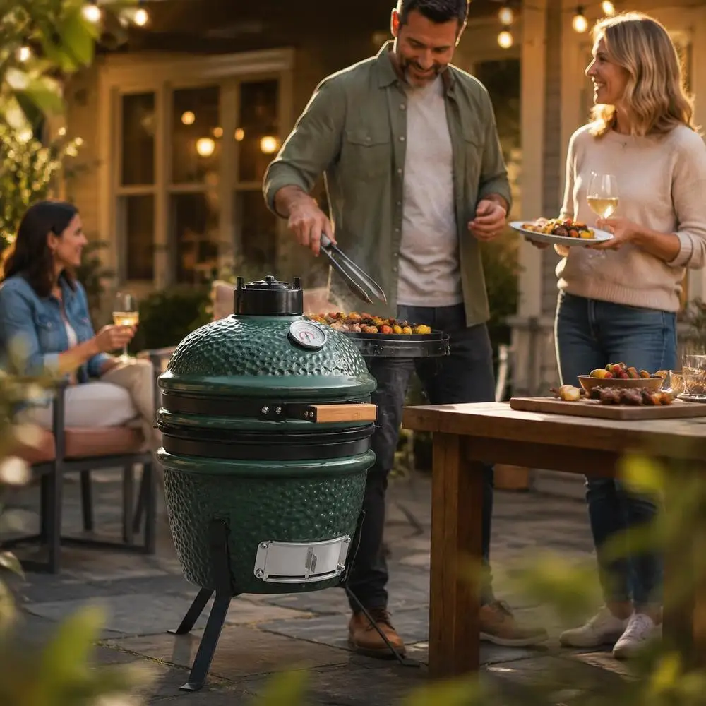 Mini-Kamado-Keramik-Holzkohlegrill, 26,5 cm, mit Grillrost, Thermometer, Lüftungsöffnung und Stahlbeinen zum Grillen und Räuchern im Freien.