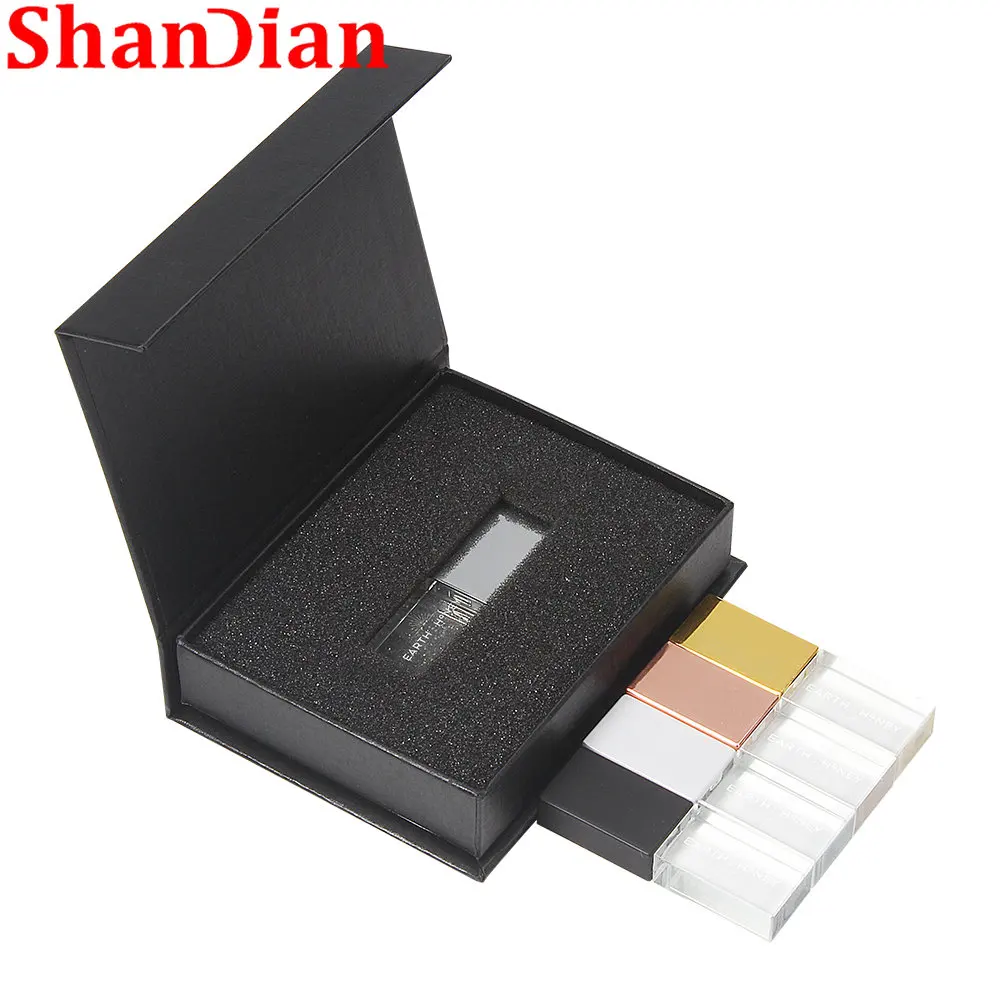 สีของขวัญที่กำหนดเองกล่อง USB แฟลชไดร์ฟ128GB งานแต่งงานของขวัญไดรฟ์ปากกา64GB ฟรีโลโก้หน่วยความจำ32GB 16GB 8GB 4GB U Disk คริสตัล