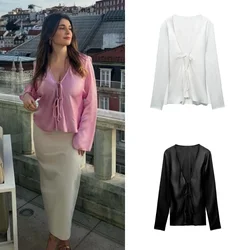 Ladies Casual Solid Colour Tie Shirt Loose V Neck Long Sleeve Ladies Satin Texture Slim Cardigan Shirt Women's Street Top