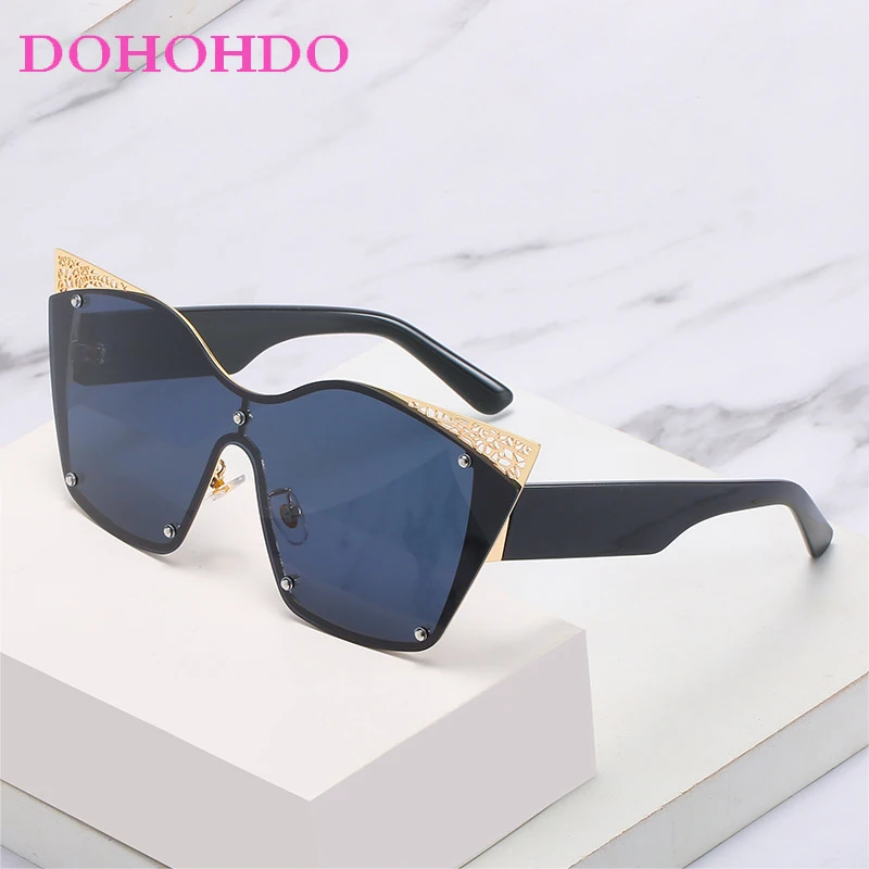 

Trend Personality Metal Cat Eye Sunglasses Women Men Fashion Design Big Frame One Piece Glasses Street Photography Shades UV400