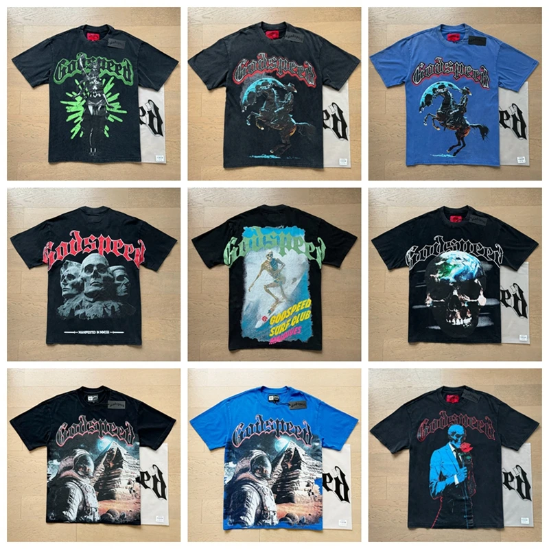 

Godspeed Vintage Skeleton Letter Print Trendy High Street Waed Unique Loose ex ort Sve Summer T-irt Cotton round...