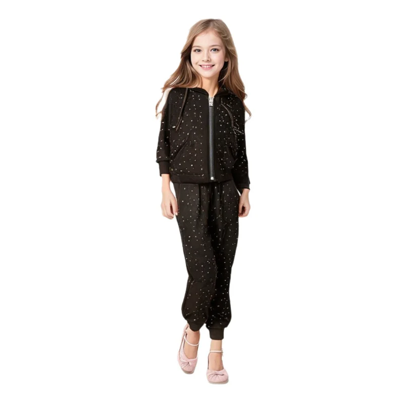 

A2025Girls' Autumn and Winter New Rhinestone Long Sleeve Fashion High-end Casual Sports Two-piece Set