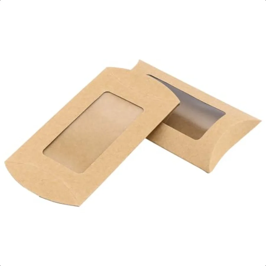 100PCS Kraft Pillow Boxes 5.7 x 3 Inches Small Pillow Gift Boxes with Window Pillow Candy Favor Boxes with Jute for Craft Weedi
