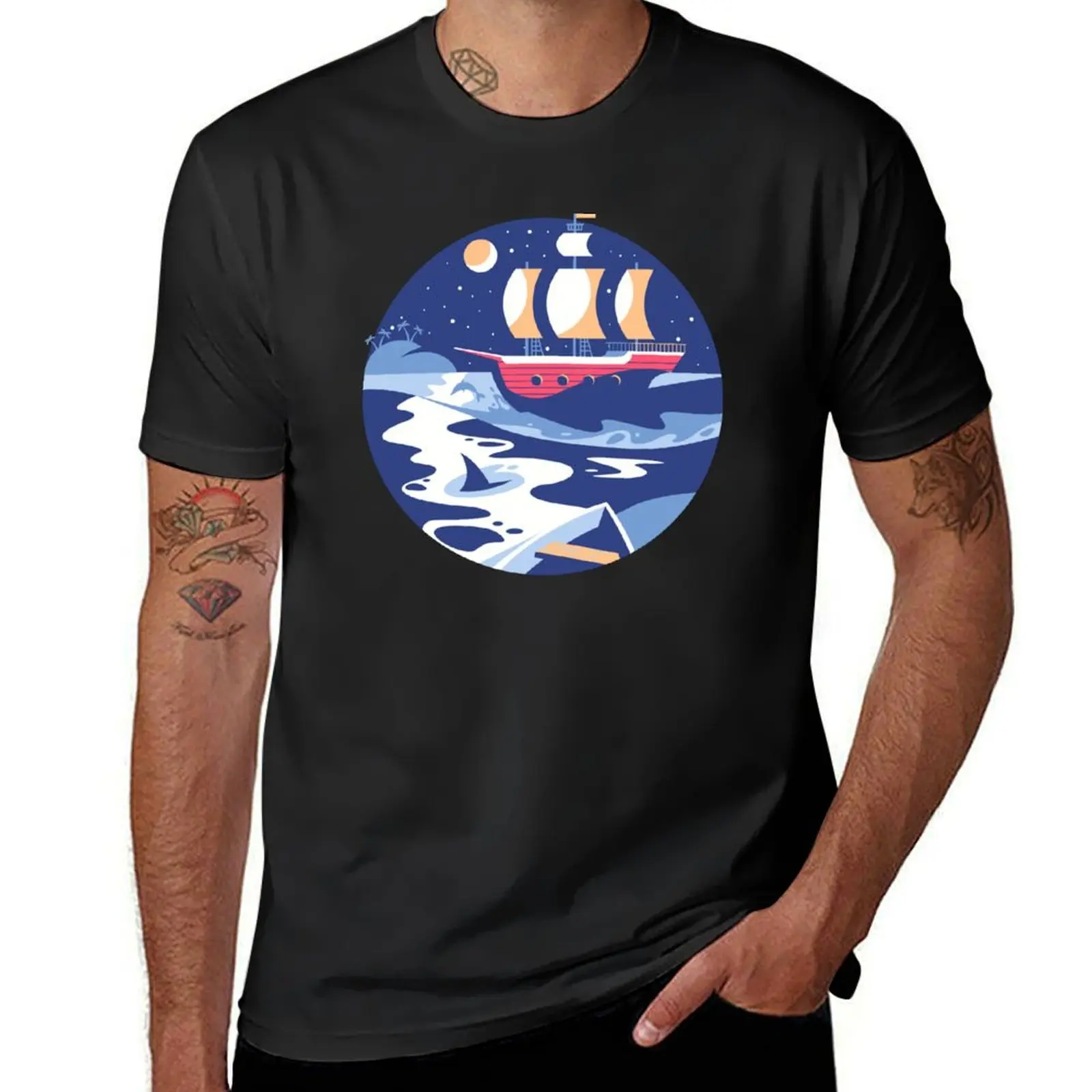 Moonlit Voyage: Ship Battling the Waves T-Shirt sports fans quick drying aesthetic clothes plain Men's clothing