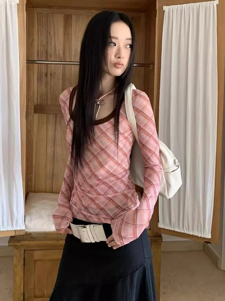 

Y2k Top Slim Mesh Plaid Shirt Women Aesthetic Clothes Graphic T Shirts Pink Tops Long Sleeve Designer Inner Bottom Shirt Korean