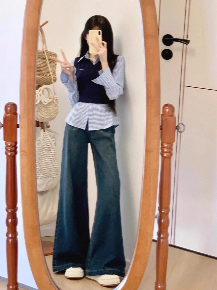 Solto confortável jeans feminino azul profundo cintura alta calças de perna larga outono novo sle plus size emagrecimento preguiçoso faion