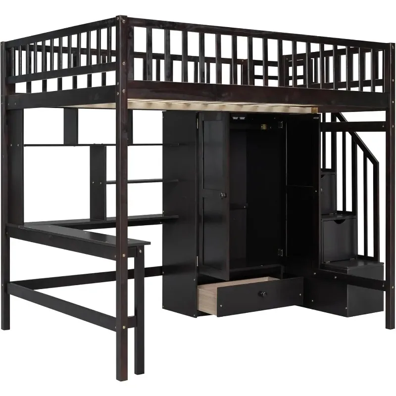 Full Size Loft Beds Stairway Bed Frame with Wardrobe, Desk, Bookcase and Drawers, Espresso