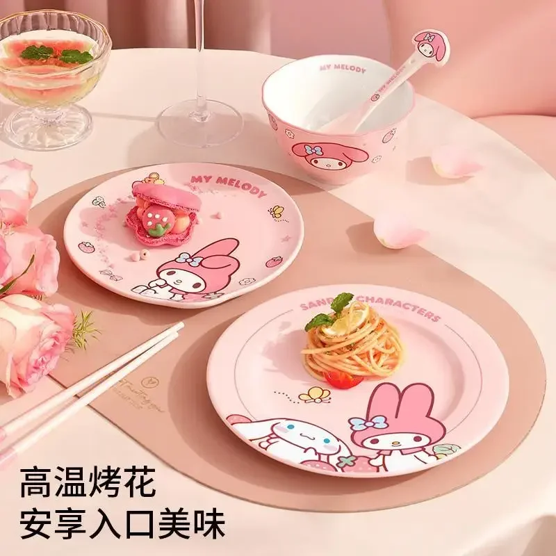 Sanrio Cinnamoroll Anime Kawaii Ins Bowl Plate Dish Spoon Cute Cartoon My Melody Ceramic Tableware Set Lovely Gifts for Girls