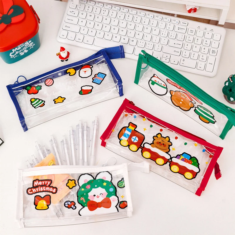 Cute Christmas PVC Pen Case Storage Stationery Bag Pencil Box Transparent Large Capacity Pencil Case Kids Christmas Gift