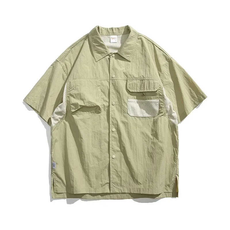 

Summer Outdoor Quick Dry Splice Mesh Cargo Shirt Men's Streetwear Fashion Loose Casual Short Sleeve Techwear Shirts Blouses