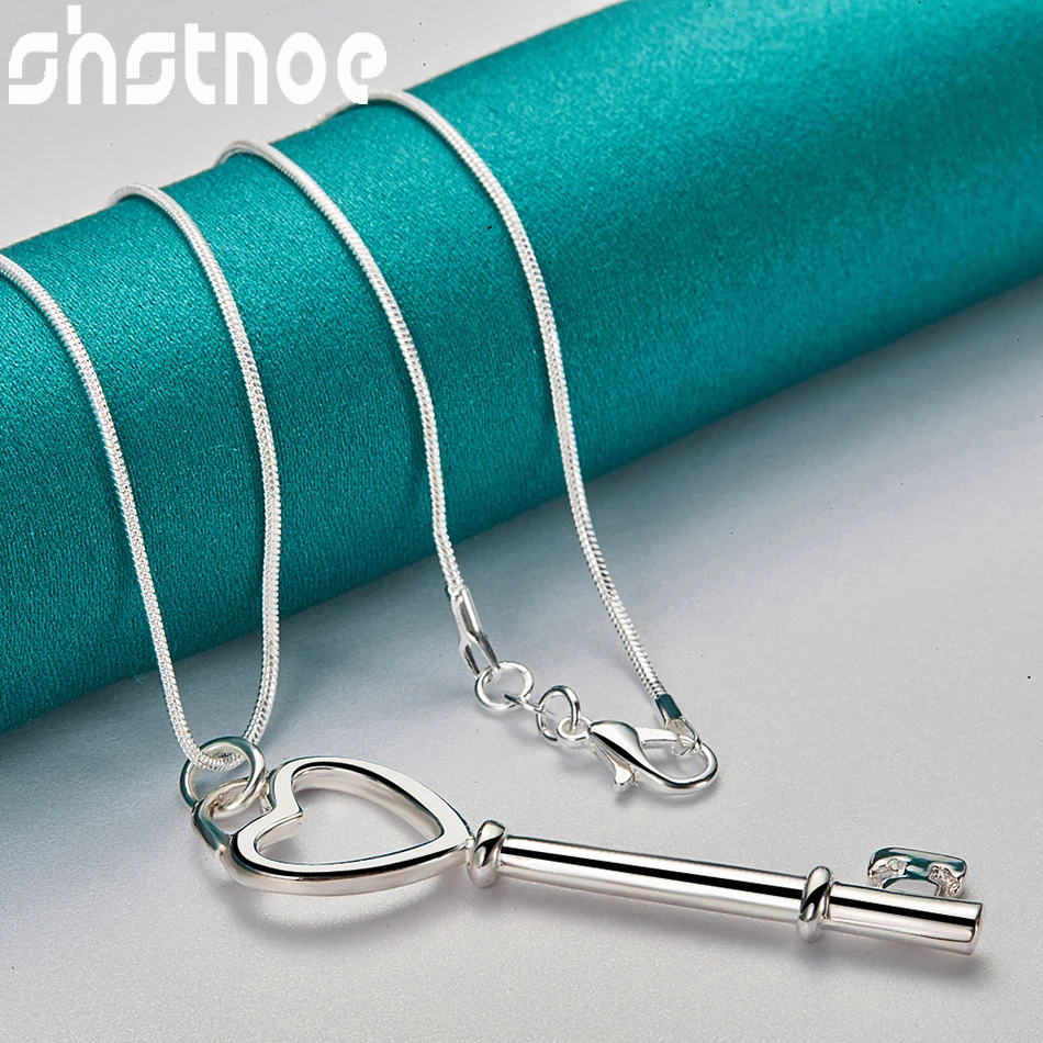 SHSTONE 2pcs 925 Sterling Silver Heart Key Chain Necklace Earring Jewelry Sets For Woman Fashion Party Birthday Wedding Gift