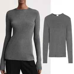 Maxdutti Nordic Minimalist Knitted Sweater Women Spring 2024 New Casual Metal Ribbed Round Neck Sim knitwear Women Pullover top