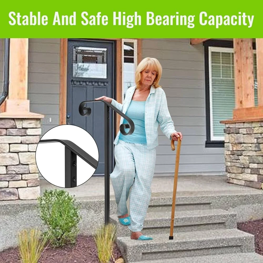 Wrought Iron Single Post Handrail Step Support Durable Ornamental Railing Easy Install Grab Bar Stairs Garden Porch