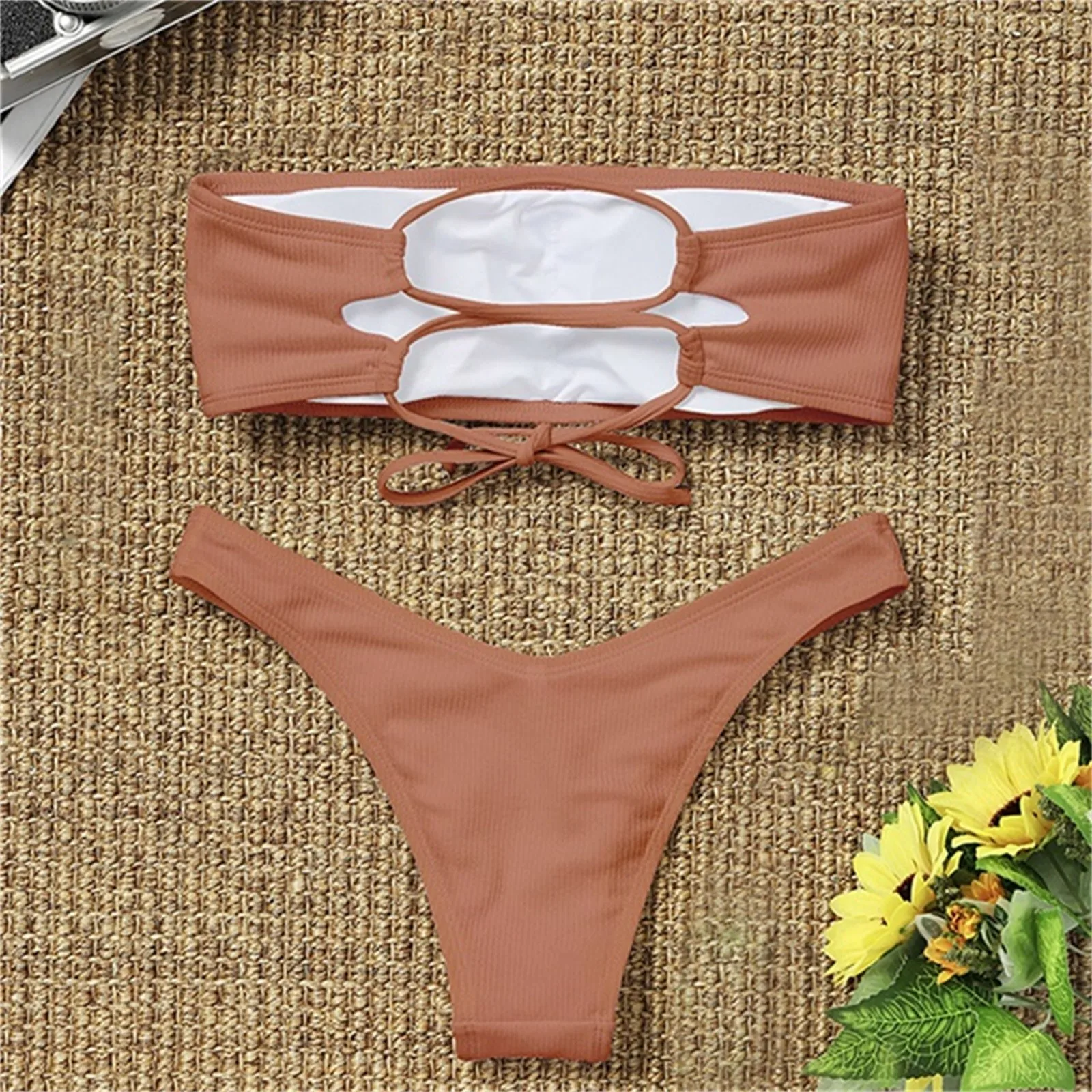 Zestaw bikini bandeau damskie stroje kąpielowe prążkowane jednokolorowe stringi bikini stringi strój kąpielowy bez ramiączek kostiumy kąpielowe