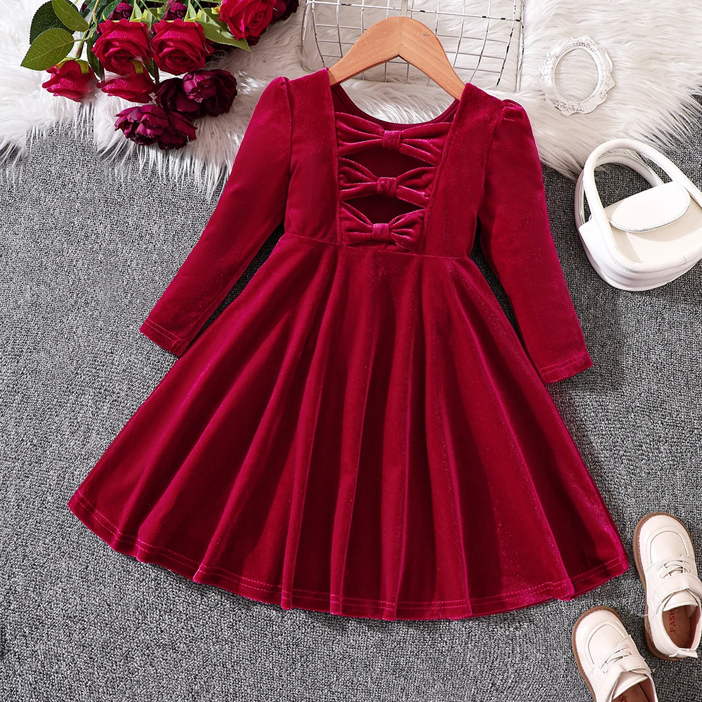 Girls' Autumn and Winter New Christmas Velvet Bow Princess Dress