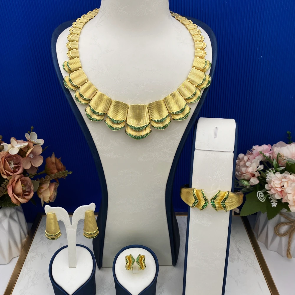 

Flora Gold-Plated Copper Jewelry Set for Women Luxury Wedding Accessories with Artificial Zircon Bracelet Ring Necklace Earrings