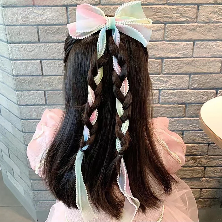 4PCS Pearl Bows Ribbon Hairpins Children Hair Accessories Girls Braided Hair Clips Sweet Princess Hairpins Kids Headwear