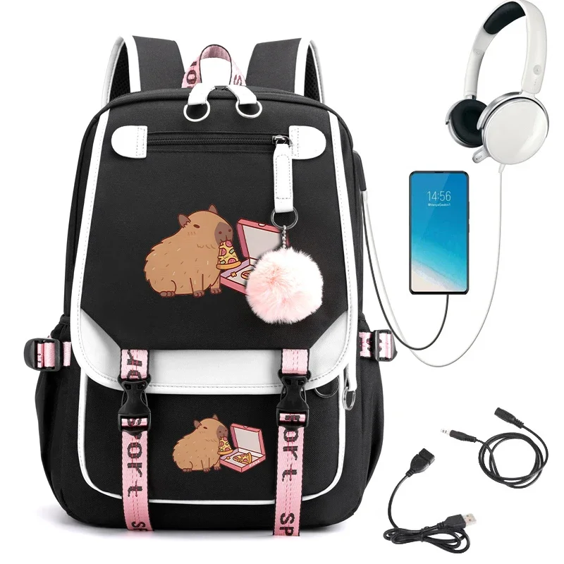 School Bag for Teenager Girls Anime Cartoon Backpacks Children's Backpack Cute Capybara Eating Pizza Students Usb Schoolbags