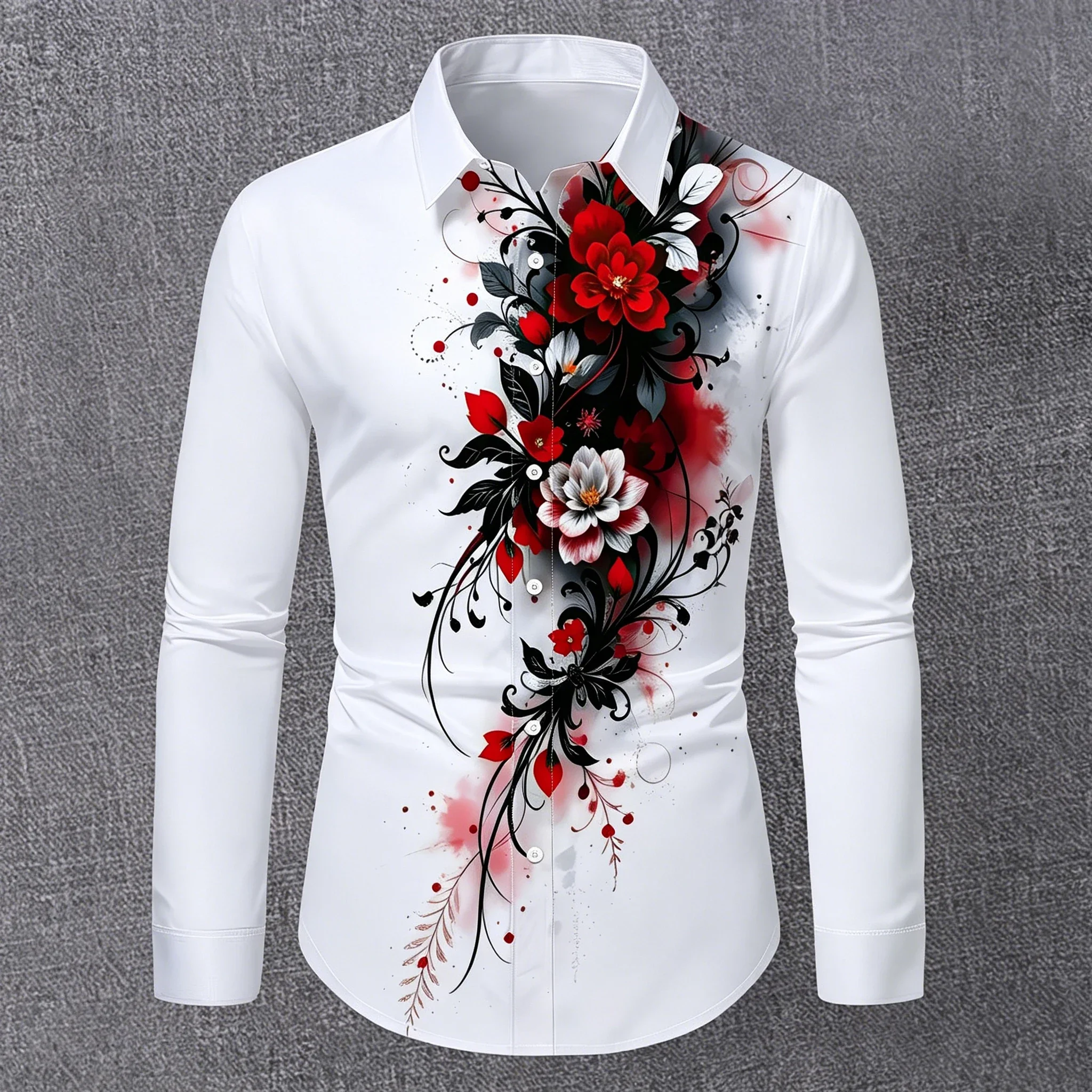 2026 Men's collared slim-fit long-sleeved shirt, floral partial print, flowing blouse, trendy workwear cardigan