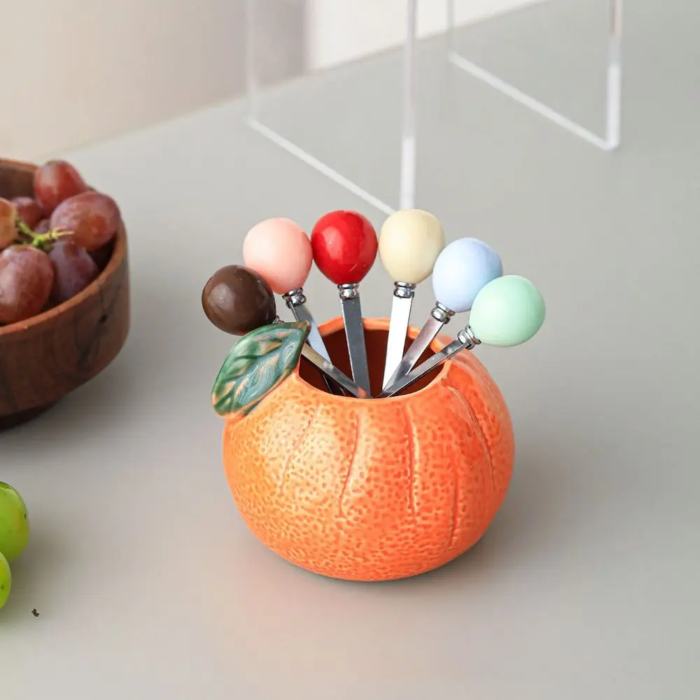 

Orange Ceramic Fruit Forks Set Ins Style Creative Dessert Forks with Storage Jar Household Solid Color
