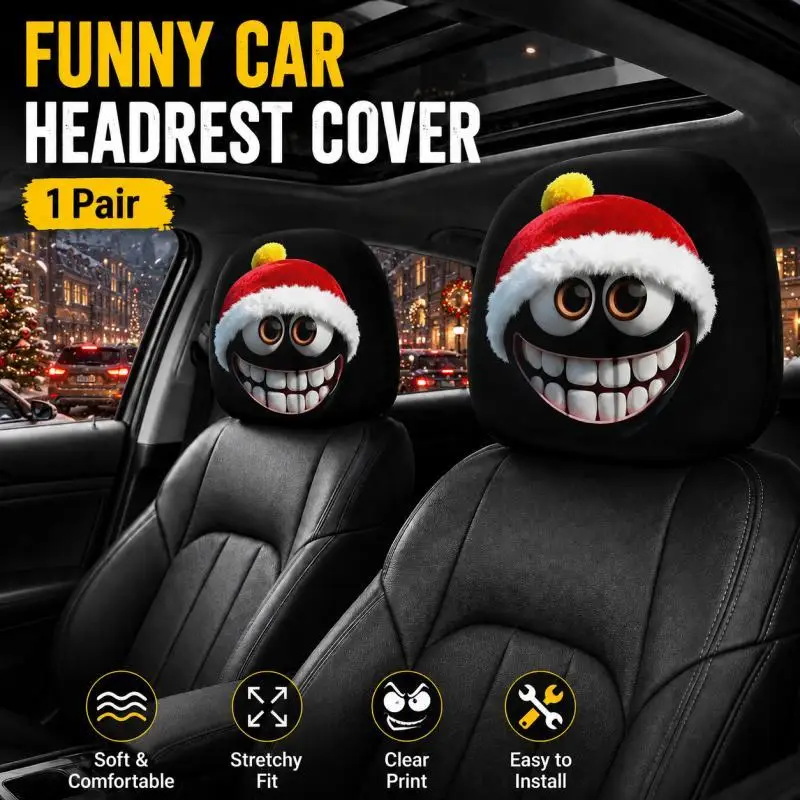 Christmas Car Headrest Covers, Double-Sided Funny Santa Smiley Seat Decor, Holiday Car Interior Accessories