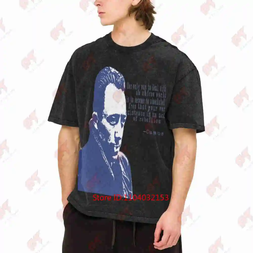 Albert Camus Philosopher Portrait Quote Vintage Washed Tee Pure Cotton T-Shirt