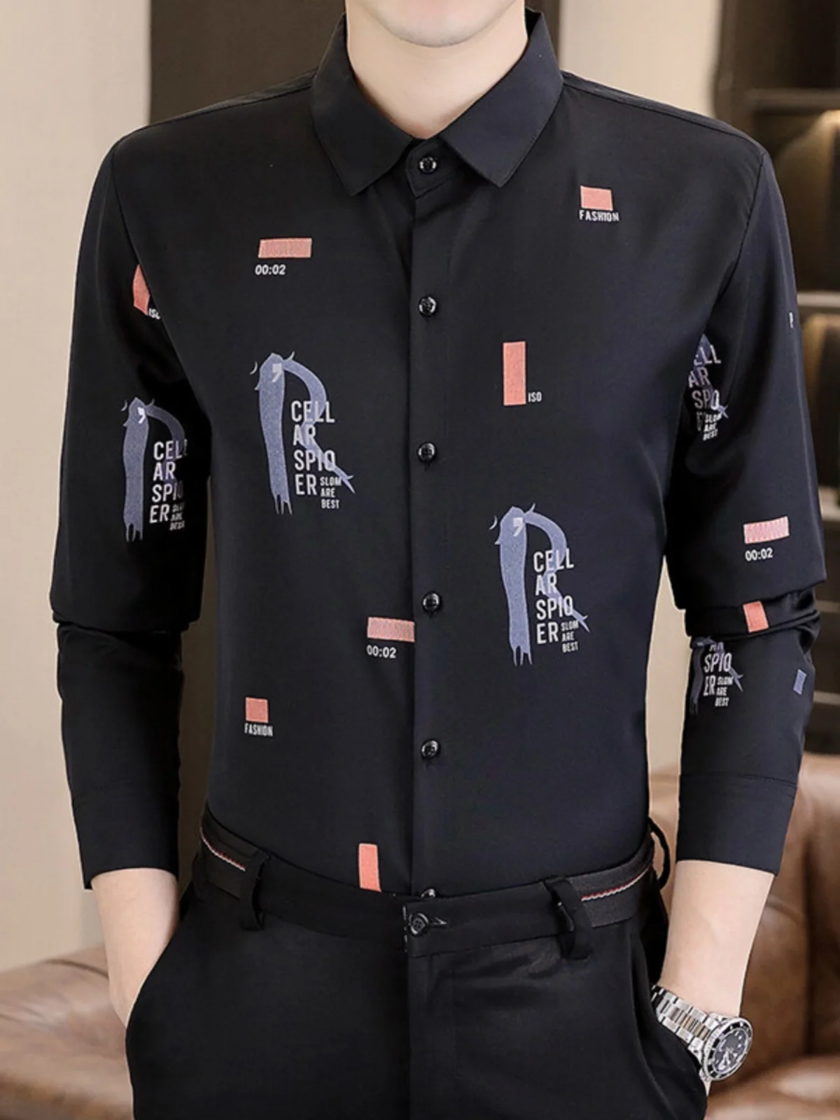 

Spring Autumn Men's Long Sve irt Casual Trendy Large Size Letter Print Thin Outerwear Polyester Fiber Youth Faion