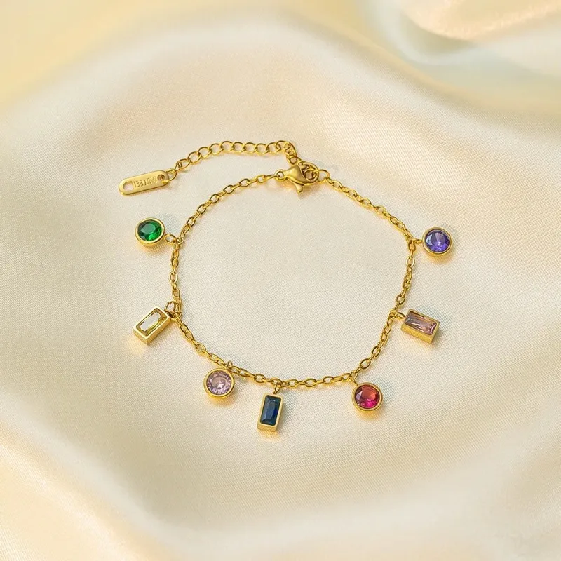 Kolmnsta Colored Zircon Square Crystal Tassel Necklace For Women Girls Gold Plated Choker Titanium Steel Bracelet Jewelry Sets