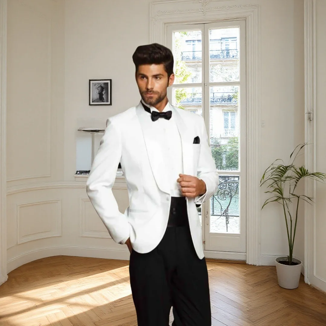 

Elegant White Men Suit 2Pieces(Jacket+Pants) Shawl Lapel Men Blazer Outfits Chic Casual Party Prom Wedding Set terno masculino
