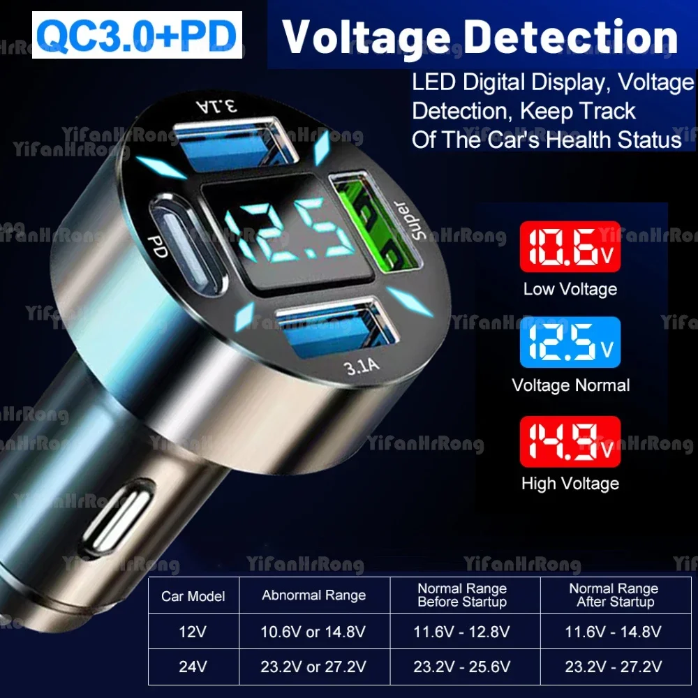 ที่ชาร์จในรถยนต์แบบ USB 4 พอร์ต ชาร์จเร็ว PD Quick Charge 3.0 อะแดปเตอร์ชาร์จโทรศัพท์ในรถยนต์แบบ USB C สำหรับ iPhone 13 12 Xiaomi Samsung