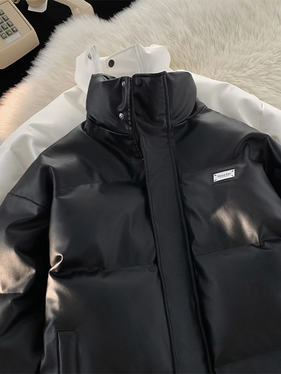 

Men's Winter Thiened PU Leather Cotton Jaet Stand Collar Couple Sle Casual Warm Long Sve Zipper Closure Color