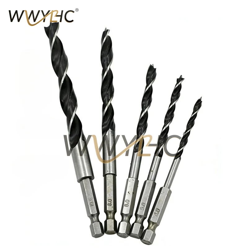 6.35mm(1/4") 5PCS 4mm/5mm/6mm/8mm/10mm Hex Shank Three Pointed Woodworking Drill