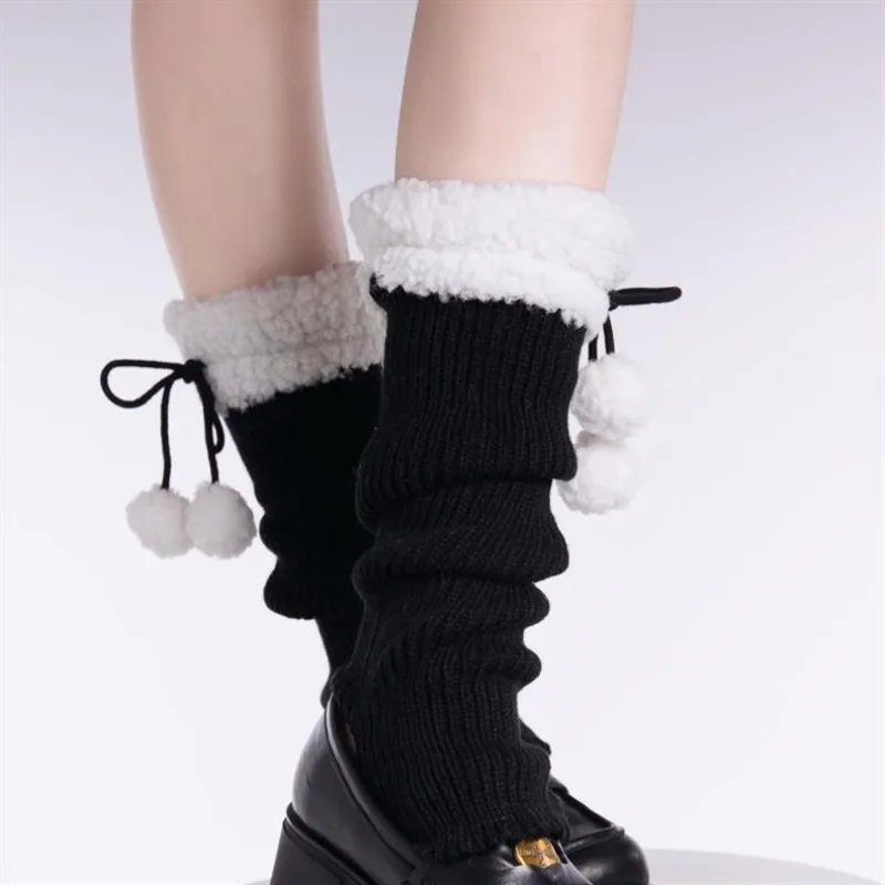 Harajuku Leg Warmers Black Lamb Wool Bow Hair Ball Keep Warm Solar System Lolita Cute Leg Warmers Lace Knitting Pile of Socks