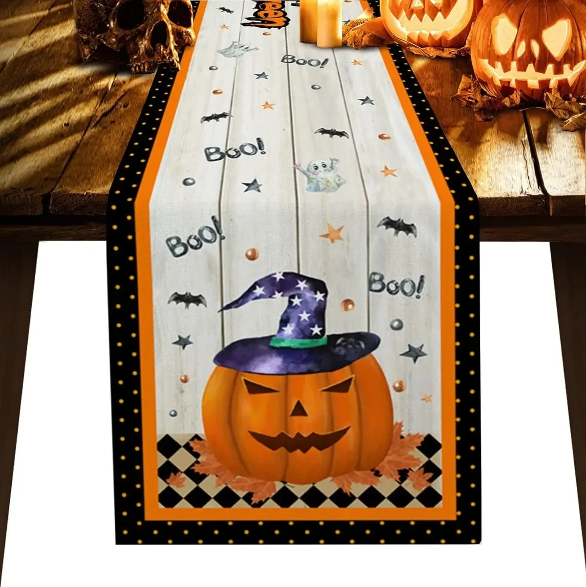 Halloween Pumpkins Bats Wood Grain Linen Table Runner Dresser Scarves Decor Reusable Kitchen Dining Party Decor