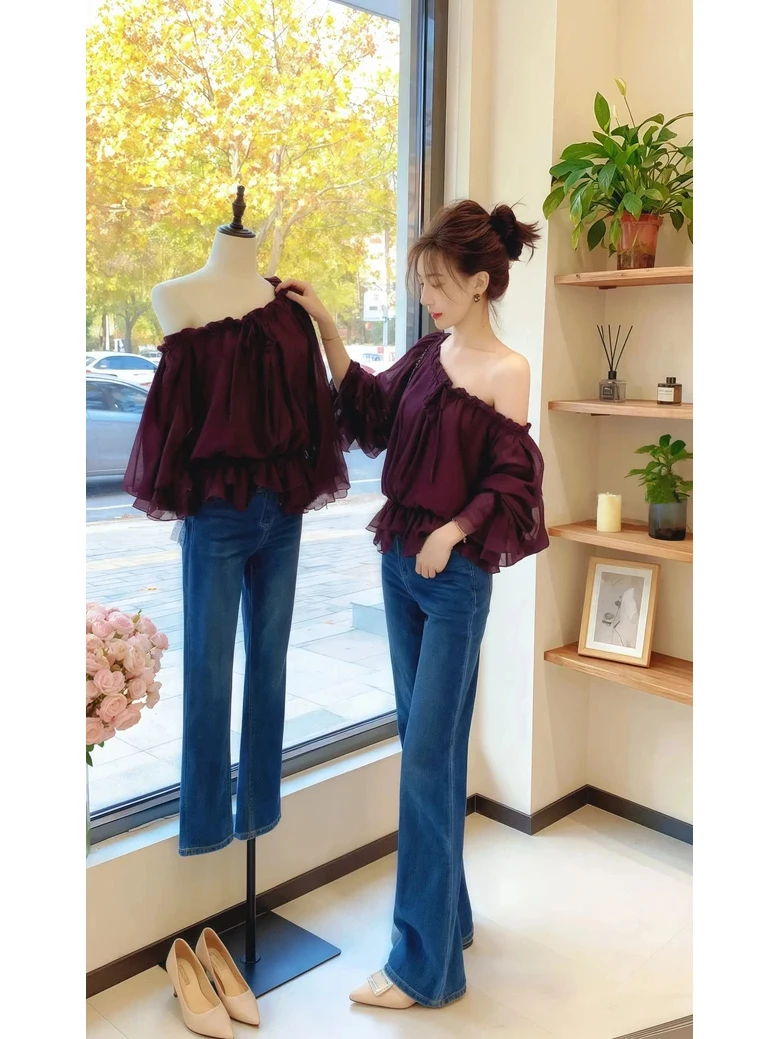 

Elegant Purple One-Shoulder Shirt Women's Fashion Spring Autumn Polyester Fiber Long Sleeve French Style Casual Shirt