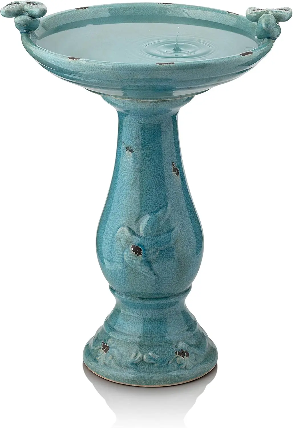 

25" Tall Outdoor Ceramic Antique Pedestal Birdbath with 2 Bird Figurines, Turquoise