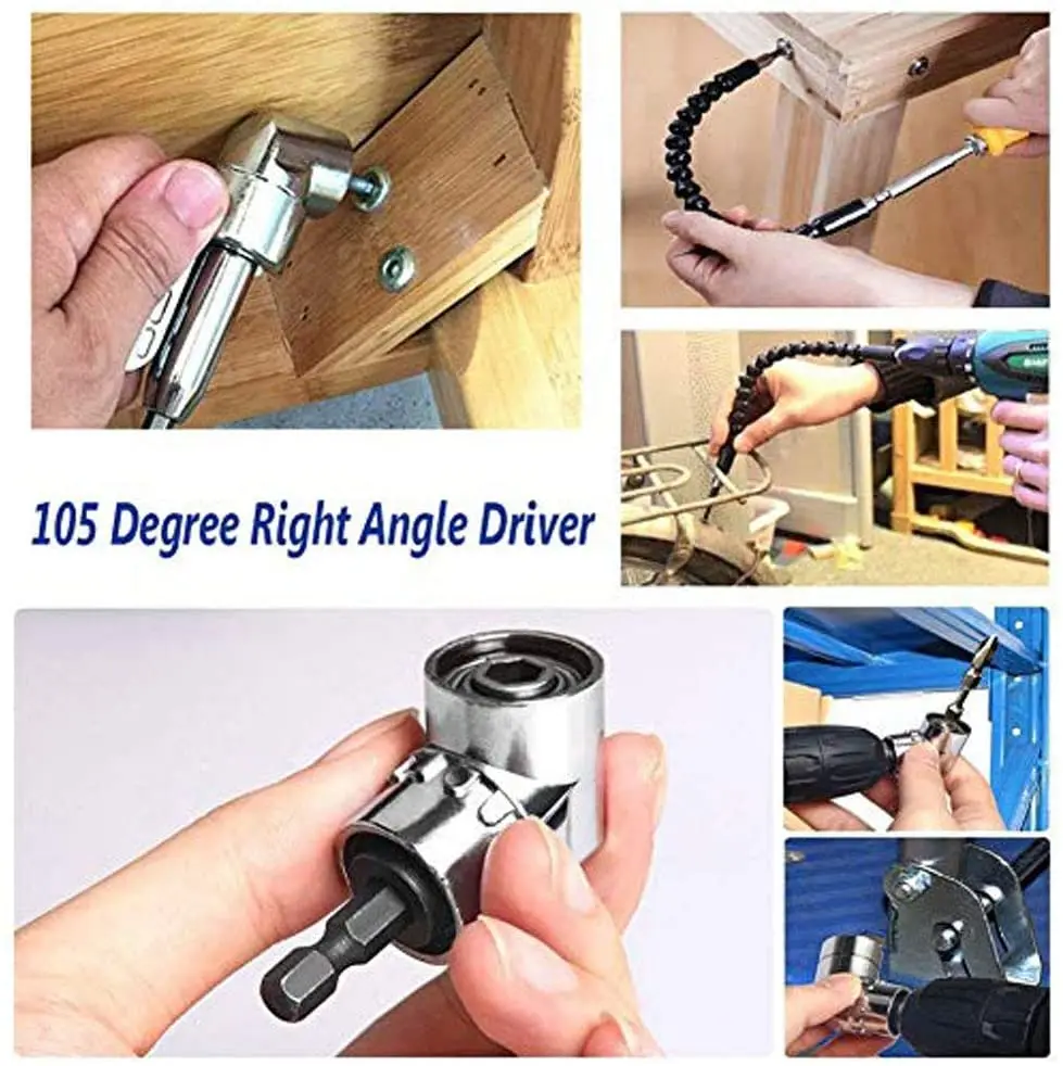 105 Degree Right Angle Driver Extension Power Screwdriver Drill with 1/4 Drive 6mm Hex Bit Magnetic Drill Bit Socket Angled Bit