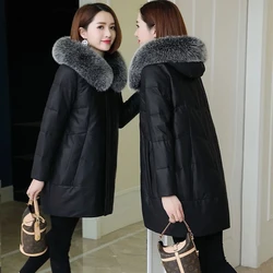 Loose Fit Leather Jacket Warm Women Parkas Fur Collar Hooded PU Leather Coat Autumn Winter Korean Thick Long Leather Overcoat