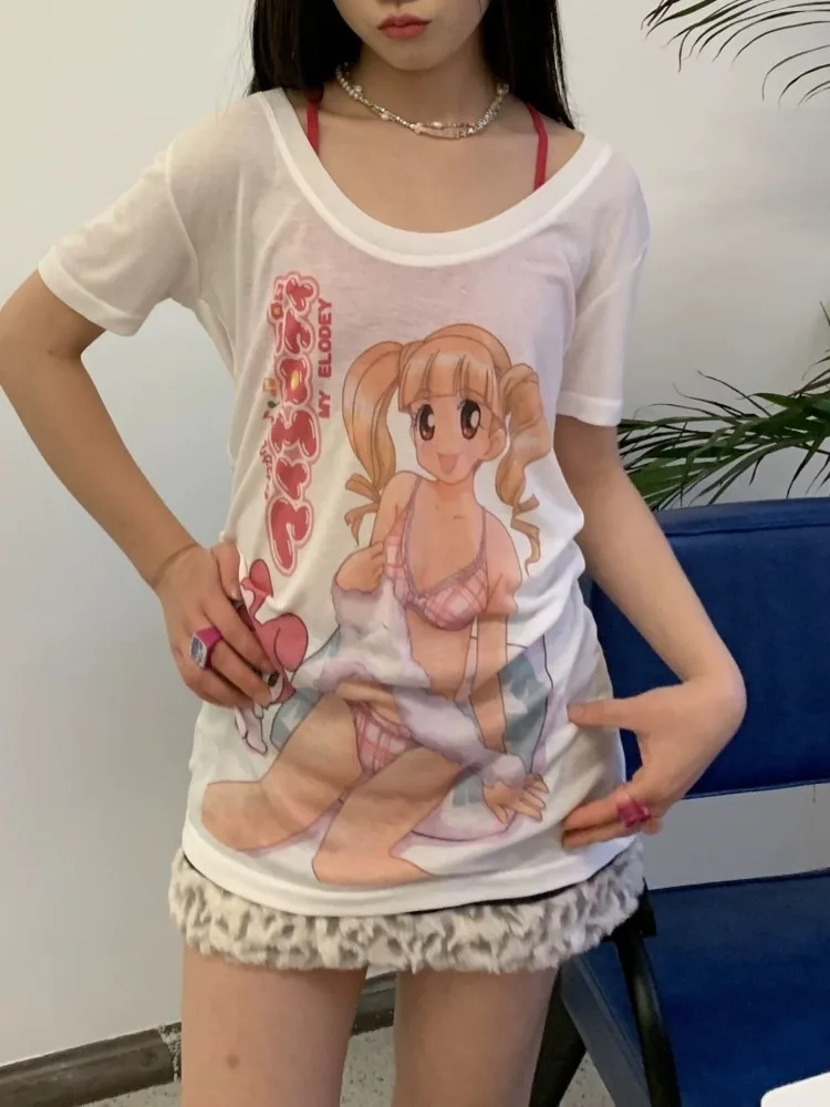

HOUZHOU Y2k Aesthetic Streetwear T Shirts Women Japanese Style Kawaii Cuteore Sweet Cartoon Print Loose Tees Tops Summer 2025
