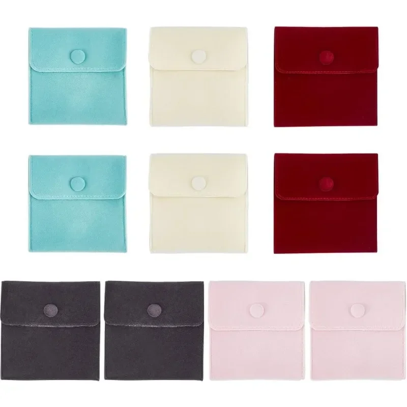 

10Pcs 5 Color Velvet Jewelry Pouches 10 x 10cm with Snap Button Bags Portable Microfiber Soft Luxury Square Small Gift Bag
