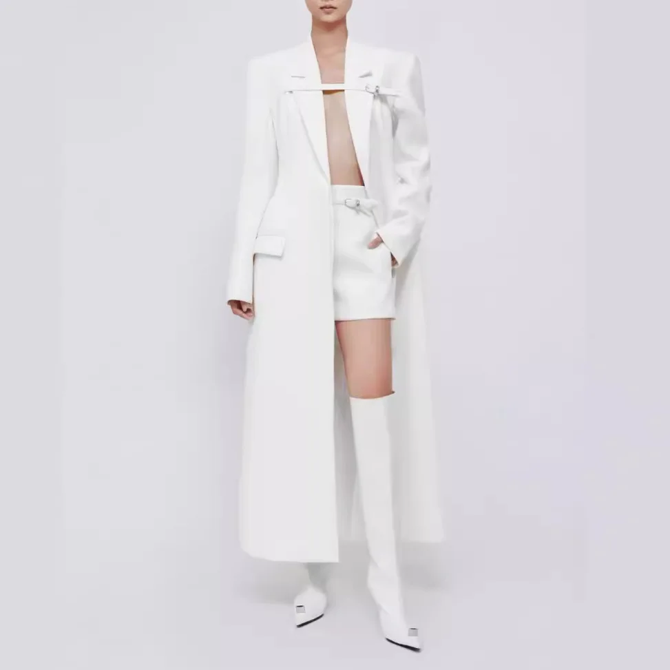 

Women's black/white slim fit crisp commuter everything temperament simple over the knee long suit fabric trench coat